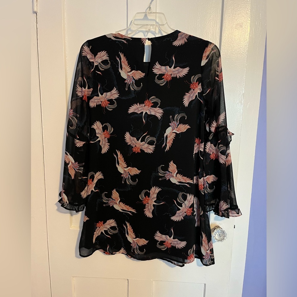 Miami black dress with birds and sheer flutter sleeve size xsmall